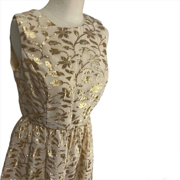 LESLIE FAY Cream Gold Metallic Foil A-Line Open Back Cocktail Holiday Dress 4 - Picture 2 of 5